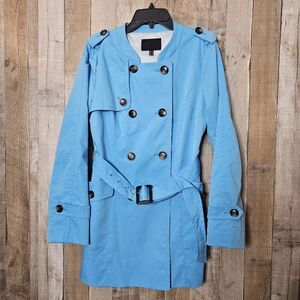 ICB Trench Coat Button Up Collarless In Ice Blue With Pockets And Belt Size 4